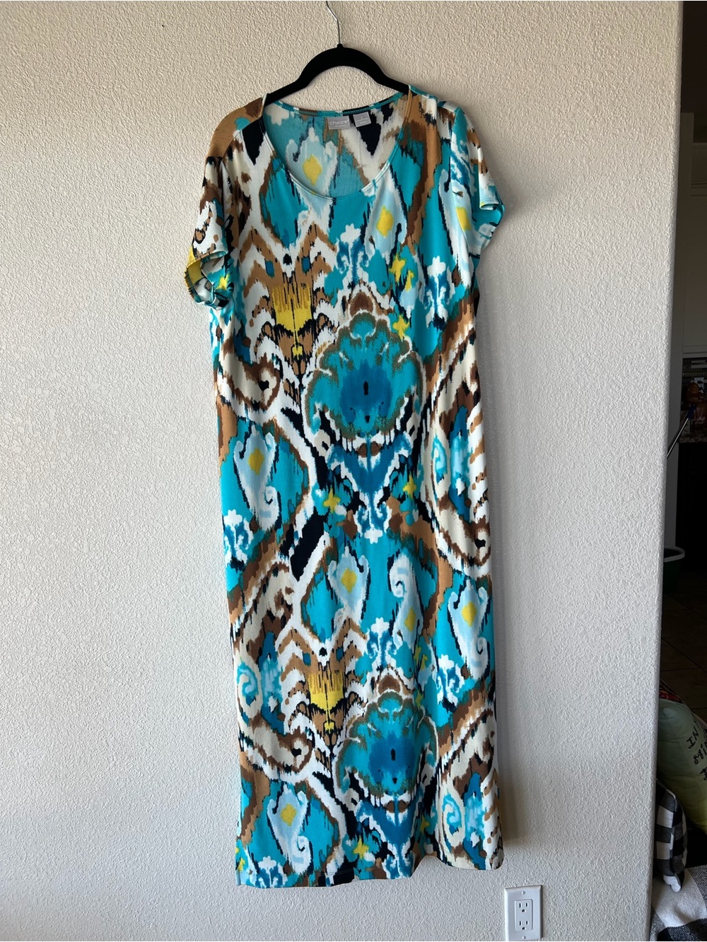 Chico's Turquoise, Brown & White Printed V-Neck Maxi Dress